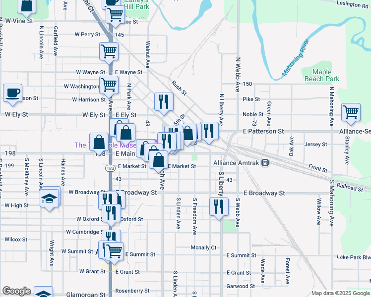 map of restaurants, bars, coffee shops, grocery stores, and more near 449 East Main Street in Alliance