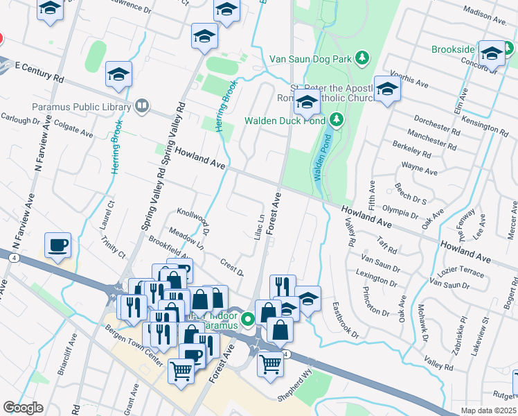 map of restaurants, bars, coffee shops, grocery stores, and more near 77 Lilac Lane in Paramus
