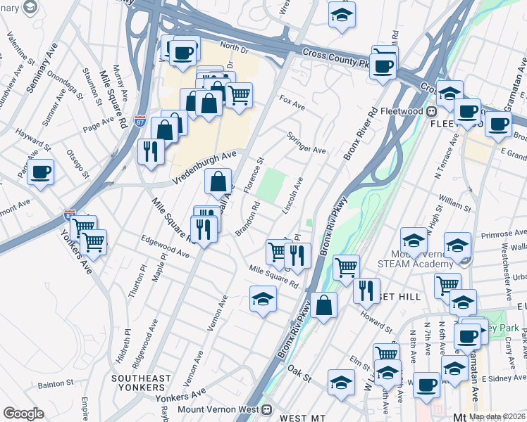 map of restaurants, bars, coffee shops, grocery stores, and more near 9 Breglia Street in Yonkers