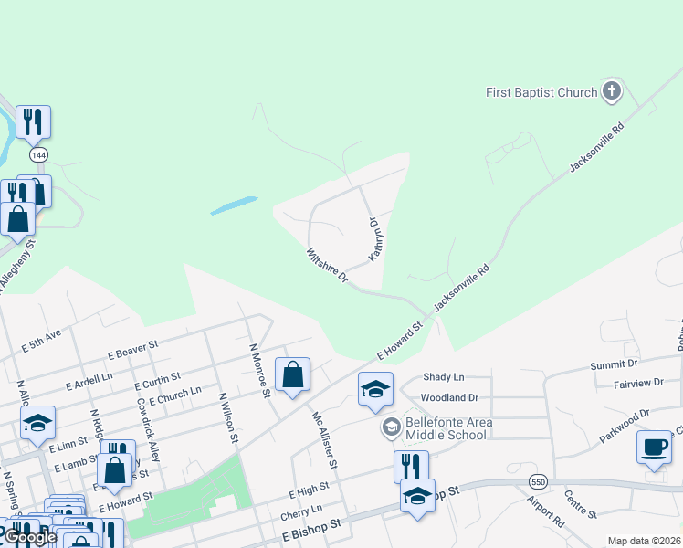 map of restaurants, bars, coffee shops, grocery stores, and more near 101 Kathryn Drive in Bellefonte