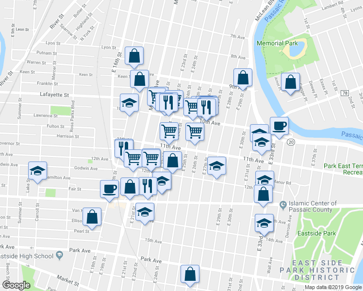 map of restaurants, bars, coffee shops, grocery stores, and more near 433 11th Avenue in Paterson