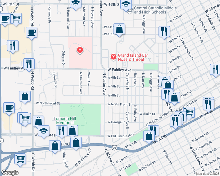 map of restaurants, bars, coffee shops, grocery stores, and more near 400-498 Waldo Avenue in Grand Island