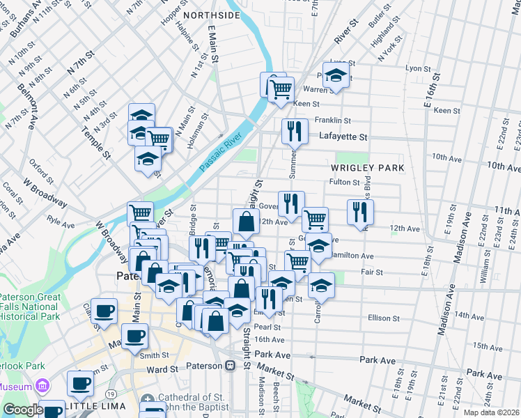 map of restaurants, bars, coffee shops, grocery stores, and more near 107 Straight Street in Paterson