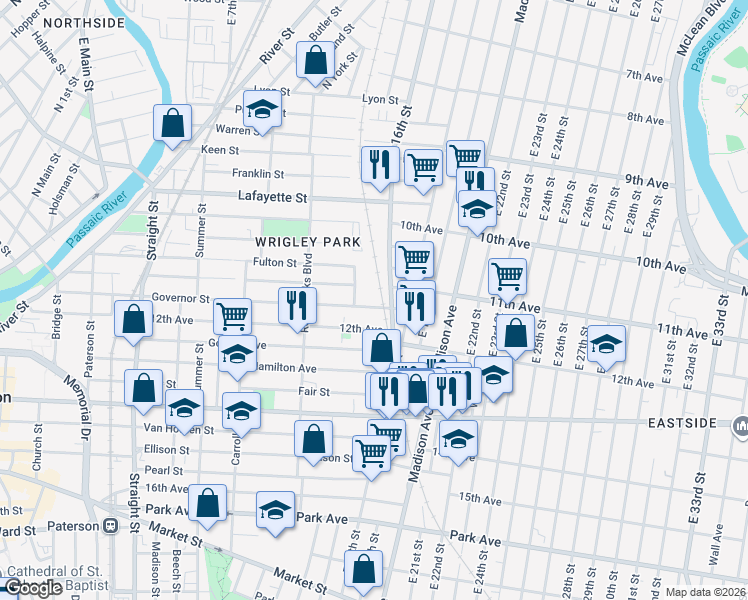 map of restaurants, bars, coffee shops, grocery stores, and more near 460 East 16th Street in Paterson