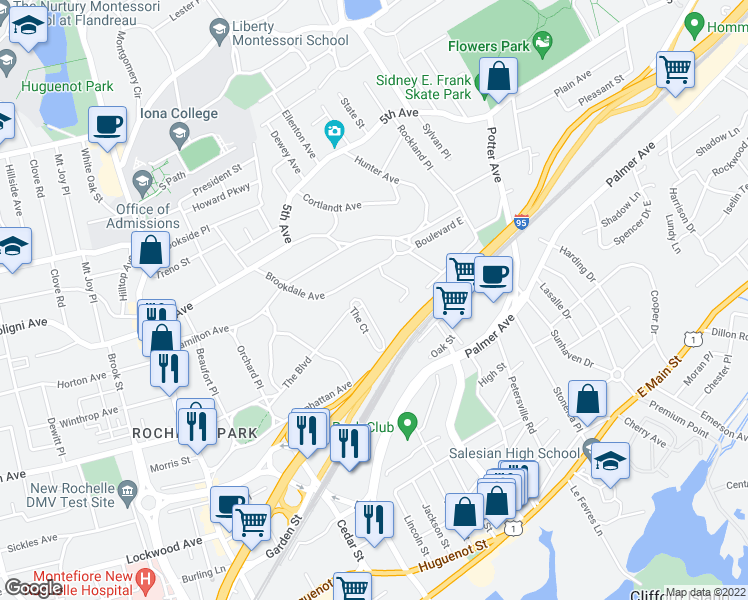 map of restaurants, bars, coffee shops, grocery stores, and more near 15 The Court in New Rochelle