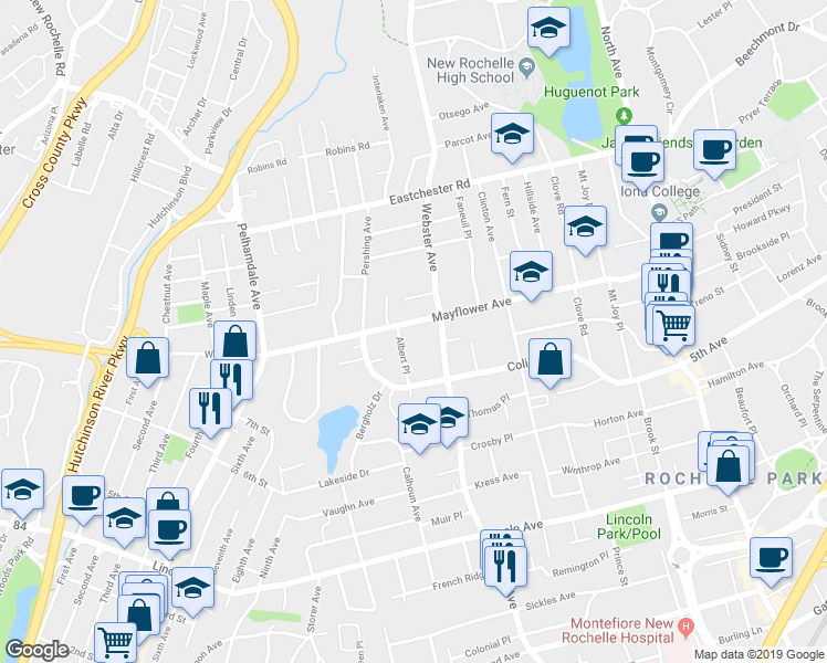 map of restaurants, bars, coffee shops, grocery stores, and more near 27 Albert Place in New Rochelle