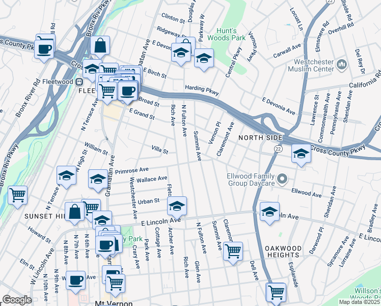map of restaurants, bars, coffee shops, grocery stores, and more near 296 Summit Avenue in Mount Vernon