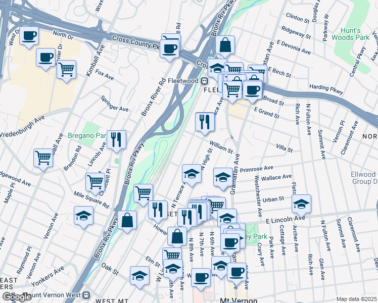 map of restaurants, bars, coffee shops, grocery stores, and more near 506 Locust Street in Mount Vernon