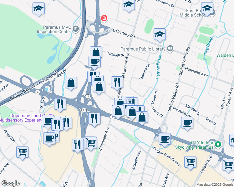 map of restaurants, bars, coffee shops, grocery stores, and more near 42 Farview Terrace in Paramus