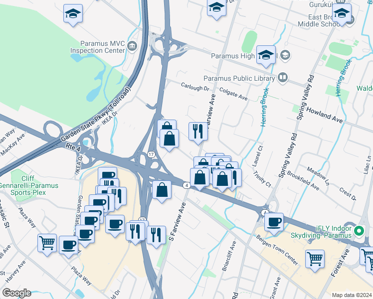 map of restaurants, bars, coffee shops, grocery stores, and more near 42 Farview Terrace in Paramus