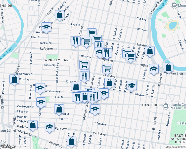 map of restaurants, bars, coffee shops, grocery stores, and more near 561 Madison Avenue in Paterson