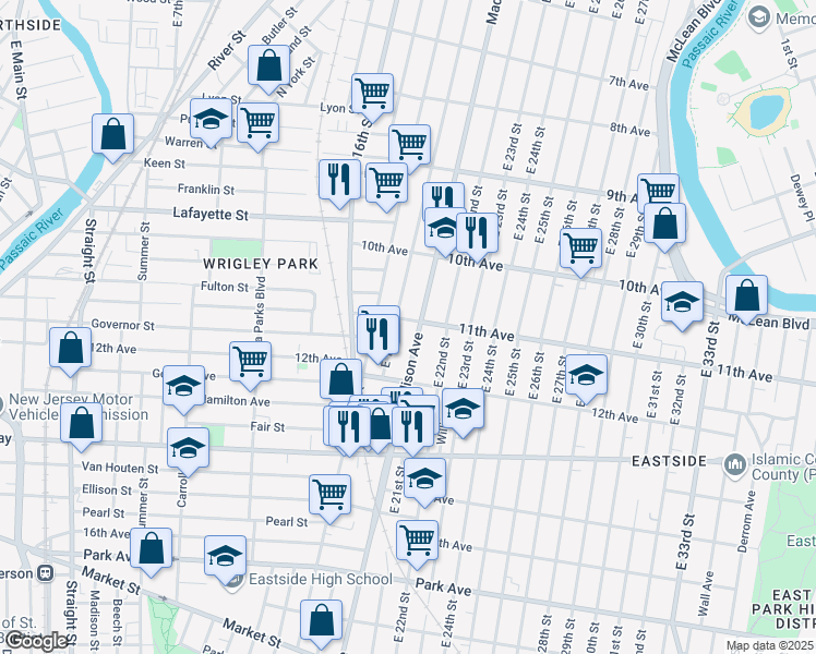 map of restaurants, bars, coffee shops, grocery stores, and more near 561 Madison Avenue in Paterson