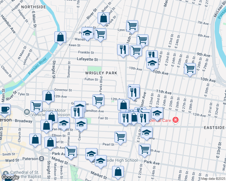 map of restaurants, bars, coffee shops, grocery stores, and more near 191 12th Avenue in Paterson