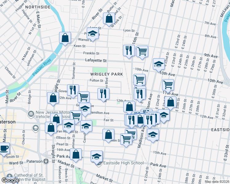 map of restaurants, bars, coffee shops, grocery stores, and more near 191 12th Avenue in Paterson