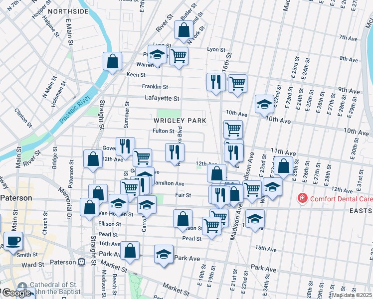 map of restaurants, bars, coffee shops, grocery stores, and more near 157 12th Avenue in Paterson