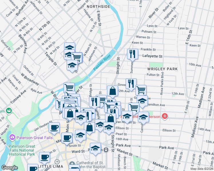 map of restaurants, bars, coffee shops, grocery stores, and more near 73 Tyler Street in Paterson