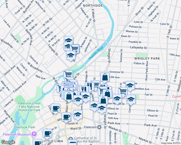 map of restaurants, bars, coffee shops, grocery stores, and more near 136 Tyler Street in Paterson