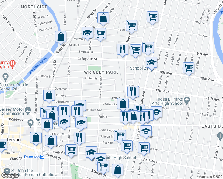 map of restaurants, bars, coffee shops, grocery stores, and more near 191 12th Avenue in Paterson