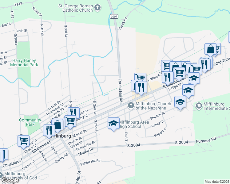 map of restaurants, bars, coffee shops, grocery stores, and more near 84 Walnut Street in Mifflinburg