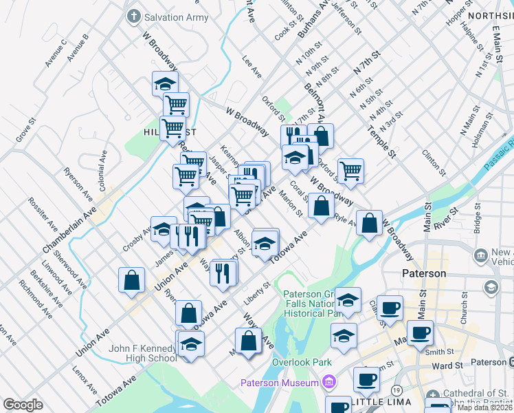 map of restaurants, bars, coffee shops, grocery stores, and more near 466 Union Avenue in Paterson