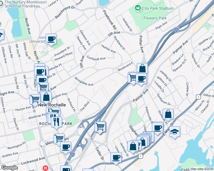 map of restaurants, bars, coffee shops, grocery stores, and more near 15 The Court in New Rochelle