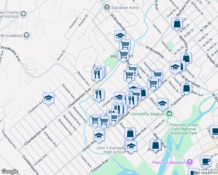 map of restaurants, bars, coffee shops, grocery stores, and more near 344-348 Chamberlain Avenue in Paterson