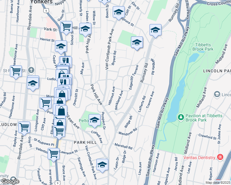 map of restaurants, bars, coffee shops, grocery stores, and more near 58 Hillcrest Avenue in Yonkers