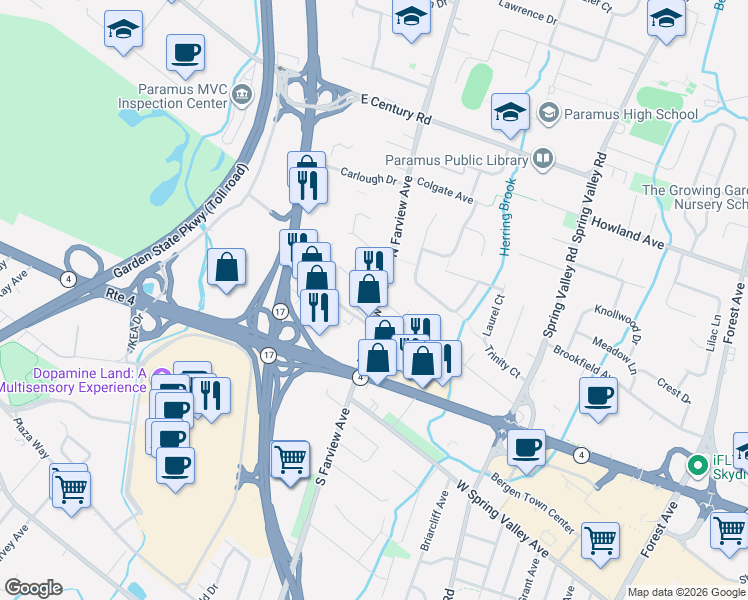 map of restaurants, bars, coffee shops, grocery stores, and more near 37 Prospect Street in Paramus