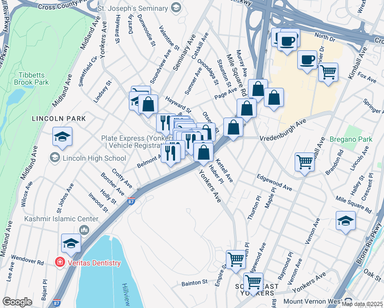 map of restaurants, bars, coffee shops, grocery stores, and more near 98 Cowles Avenue in Yonkers