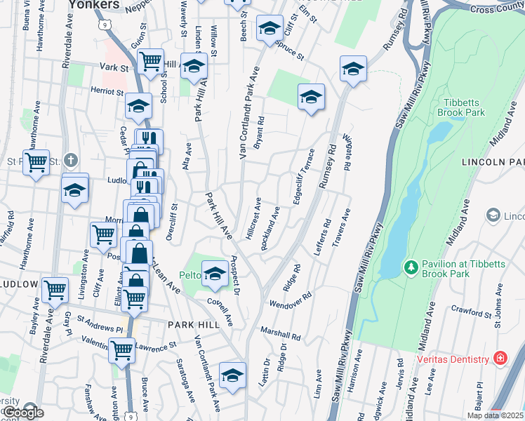map of restaurants, bars, coffee shops, grocery stores, and more near 58 Hillcrest Avenue in Yonkers