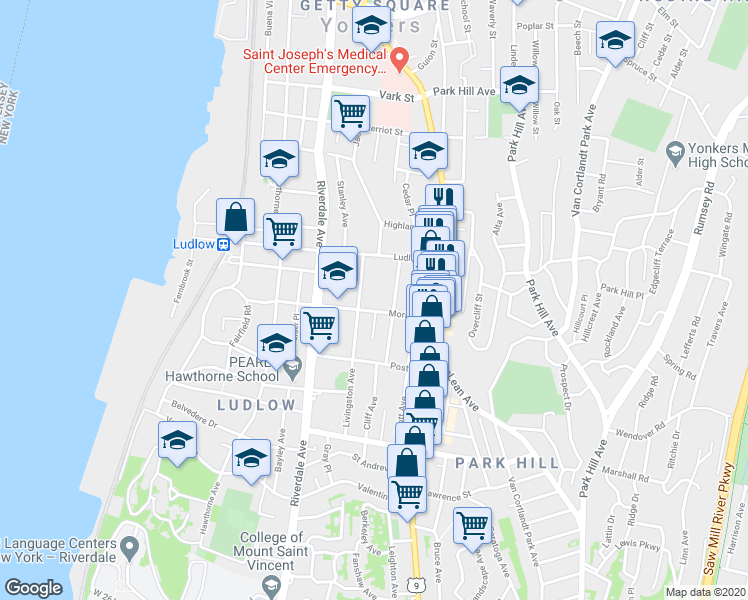 map of restaurants, bars, coffee shops, grocery stores, and more near 22 Livingston Avenue in Yonkers