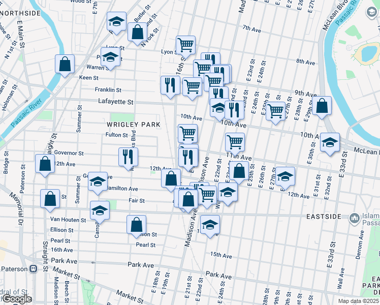 map of restaurants, bars, coffee shops, grocery stores, and more near 495 East 18th Street in Paterson