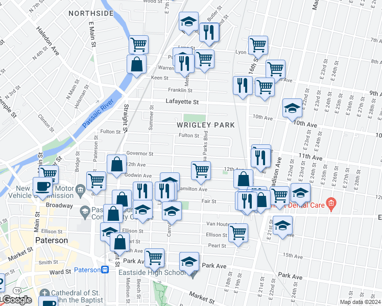 map of restaurants, bars, coffee shops, grocery stores, and more near 201 Harrison Street in Paterson