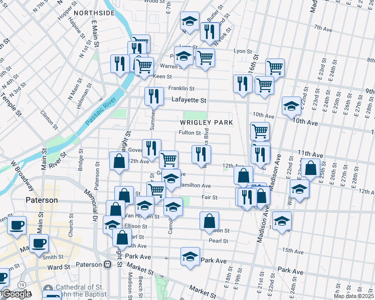 map of restaurants, bars, coffee shops, grocery stores, and more near 201 Harrison Street in Paterson