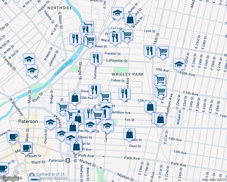 map of restaurants, bars, coffee shops, grocery stores, and more near 31 Carroll Street in Paterson