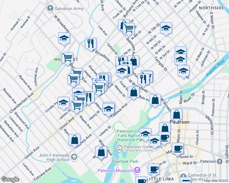 map of restaurants, bars, coffee shops, grocery stores, and more near 496 Union Avenue in Paterson