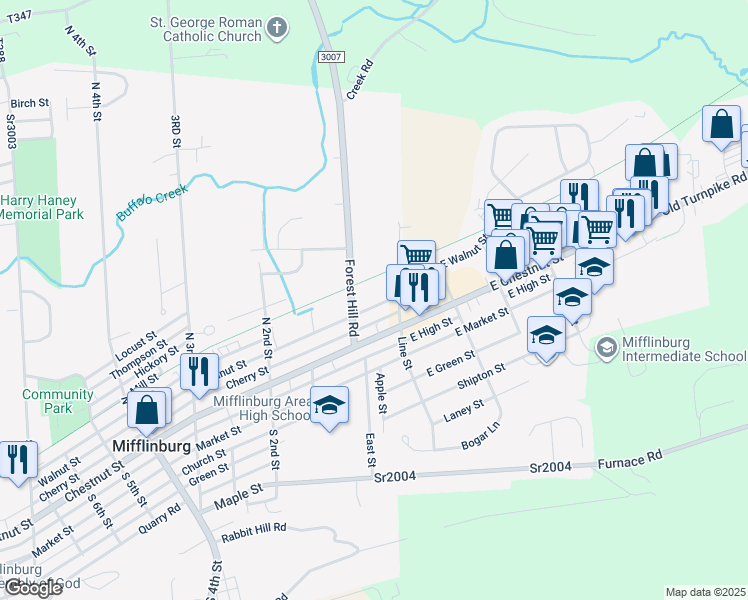 map of restaurants, bars, coffee shops, grocery stores, and more near Buffalo Valley Rail Trail in Mifflinburg