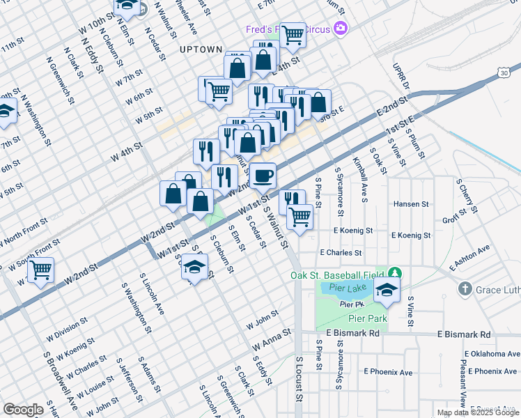map of restaurants, bars, coffee shops, grocery stores, and more near 401 West 1st Street in Grand Island