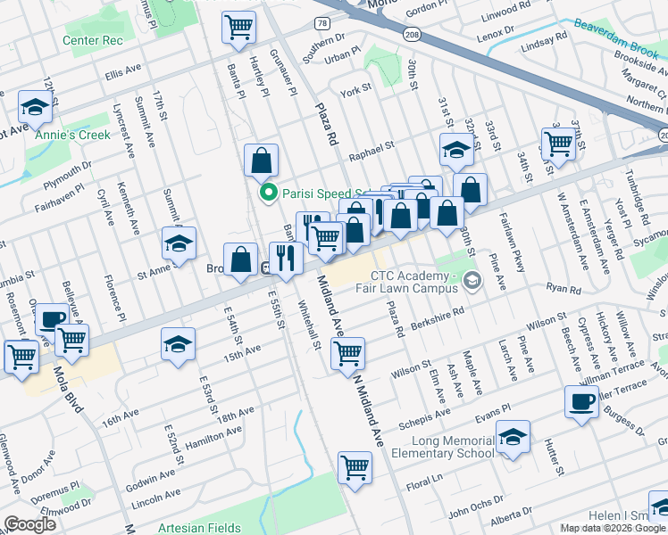 map of restaurants, bars, coffee shops, grocery stores, and more near 23-13 Broadway in Fair Lawn