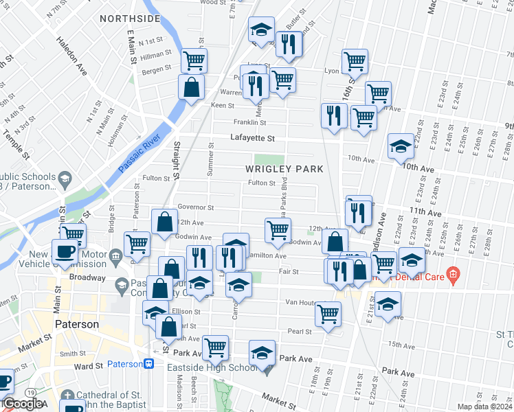 map of restaurants, bars, coffee shops, grocery stores, and more near 197 Governor Street in Paterson