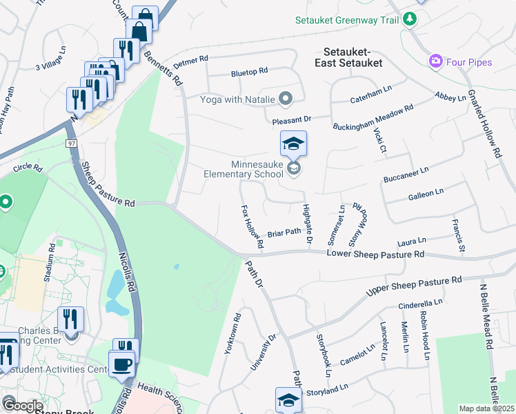 map of restaurants, bars, coffee shops, grocery stores, and more near 4 Split Rail Lane in Setauket- East Setauket