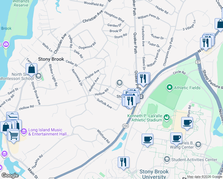 map of restaurants, bars, coffee shops, grocery stores, and more near 2 Saint Marks Avenue in Stony Brook