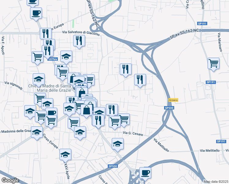 map of restaurants, bars, coffee shops, grocery stores, and more near 1 Via Sandro Pertini in Melito di Napoli