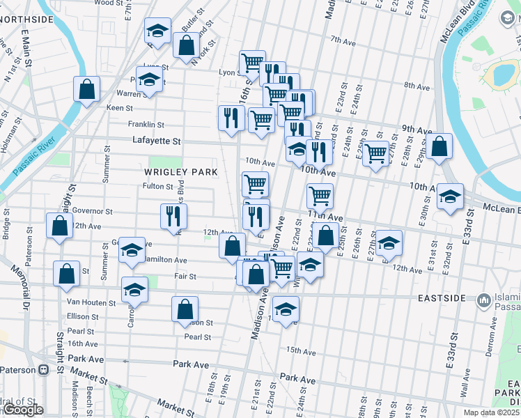 map of restaurants, bars, coffee shops, grocery stores, and more near 495 East 18th Street in Paterson