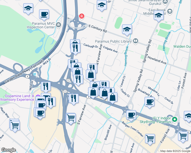 map of restaurants, bars, coffee shops, grocery stores, and more near 50 Farview Terrace in Paramus