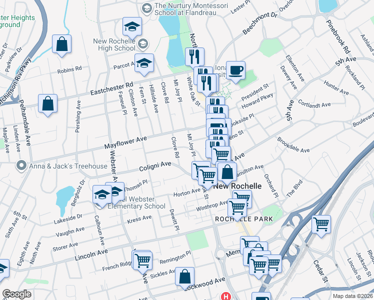 map of restaurants, bars, coffee shops, grocery stores, and more near 72 Chauncey Avenue in New Rochelle