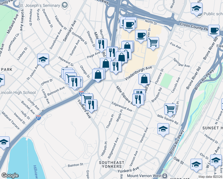 map of restaurants, bars, coffee shops, grocery stores, and more near 920 Mile Square Road in Yonkers