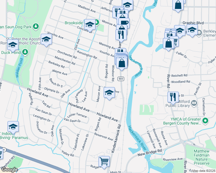 map of restaurants, bars, coffee shops, grocery stores, and more near 424 Windsor Road in River Edge