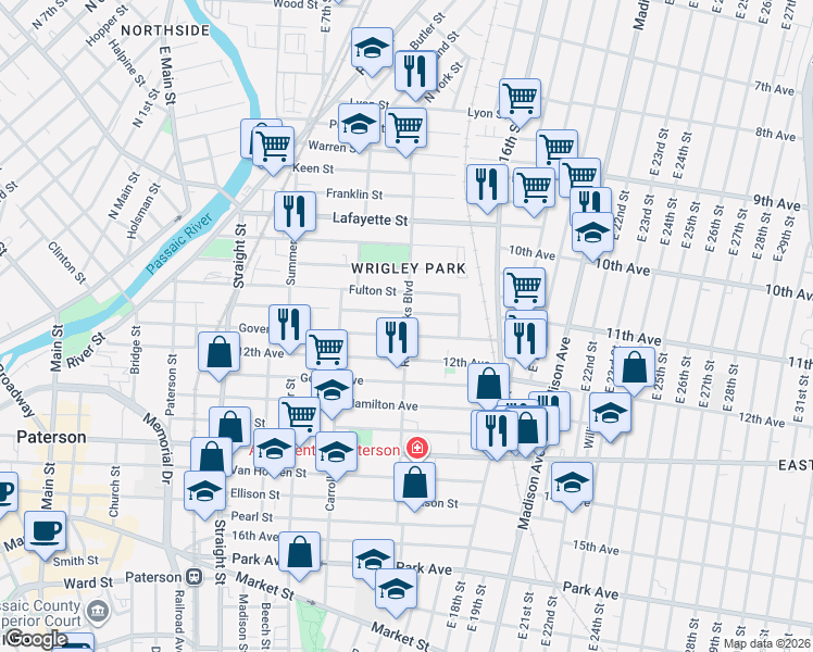map of restaurants, bars, coffee shops, grocery stores, and more near 163 Rosa Parks Boulevard in Paterson