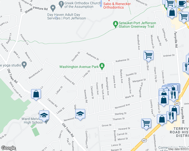 map of restaurants, bars, coffee shops, grocery stores, and more near 32 Forest Avenue in Port Jefferson Station